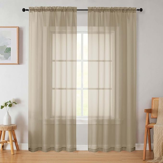 Taupe Sheer Curtains 84 Inches Long 2 Panels, Soft Airy Light Filtering Curtains by WelvetBLK