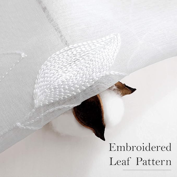 HOMEIDEAS White Sheer Curtains 52 X 84 Inches Long 2 Panels Embroidered Leaf - Image 3