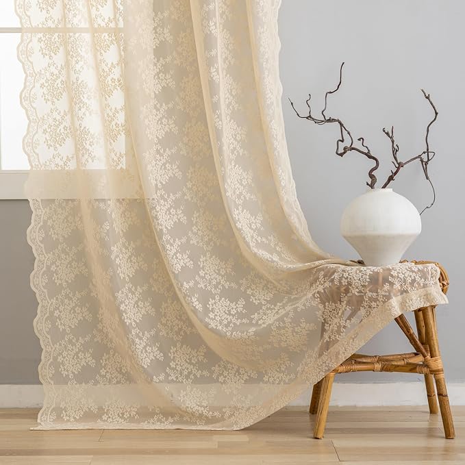 YJ YANJUN Vintage Lace Curtains 96 Inches Long-Victorian Floral Beige Sheer - Image 4