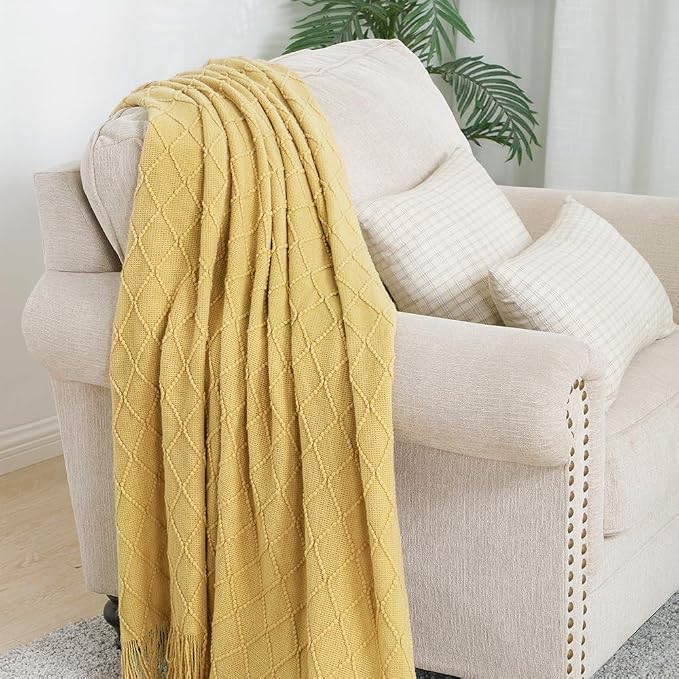 BOURINA Mustard Throw Blanket 60x80 Inches Throw Textured Solid Soft Sofa Throw - Image 2