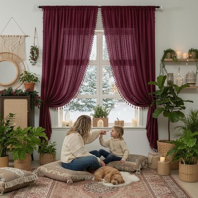 WAZZIO Boho Lace Curtains 84 Inches 2 Panel, Light Filtering Privacy Tassel & - Image 2