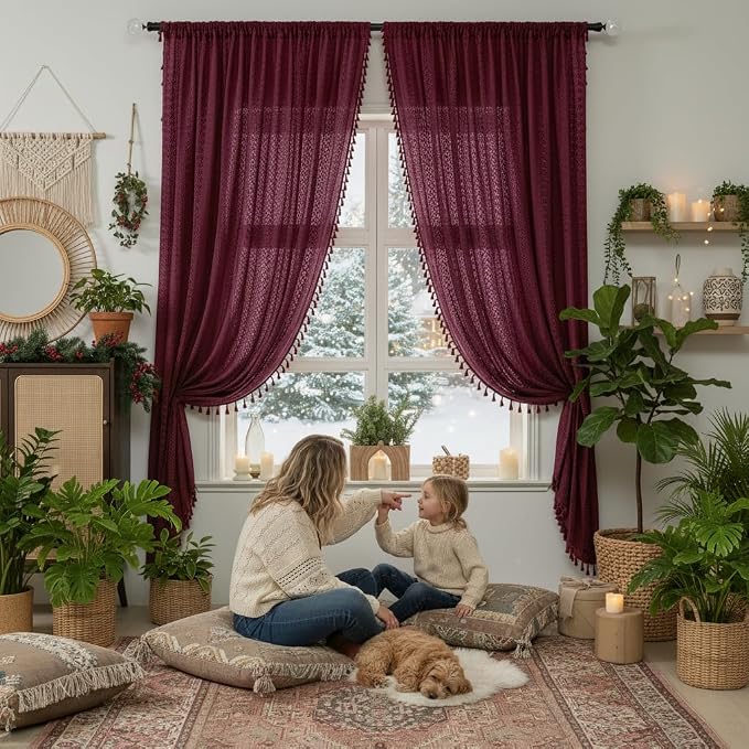WAZZIO Boho Lace Curtains 63 Inches 2 Panel, Light Filtering Privacy Tassel & - Image 2
