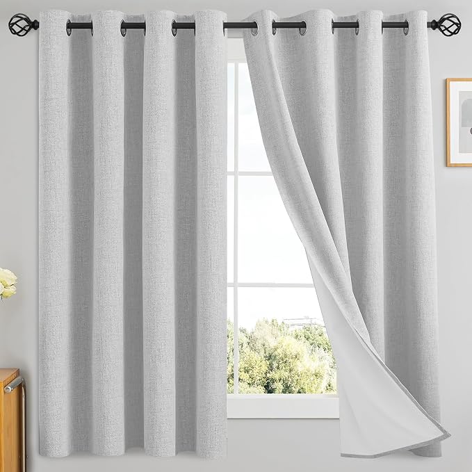 Yakamok White Linen Curtains 100% Blackout 63 Inches Long, Room Darkening by Yakamok