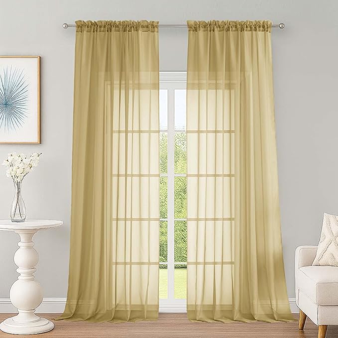OWENIE Extra Long Gold Sheer Curtains 96 Inches Long 2 Panels Set, Soft by OWENIE