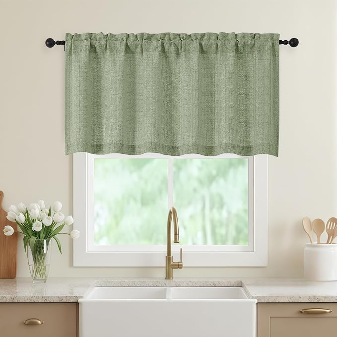 Sage Green Valances for Windows, Light Filtering Faux Linen Textured Small by WelvetBLK