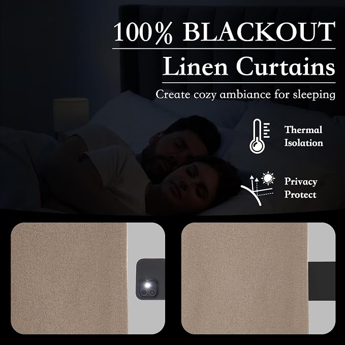 RYB HOME 100% Blackout Flax Linen Curtains, UV Protection Drapes - Image 3