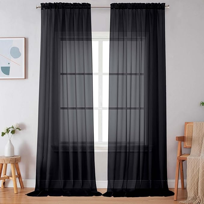 Simplebrand Black Sheer Curtains 120 Inches Long, Extra Long Rod Pocket Solid by Simplebrand