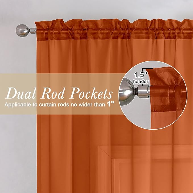 Lecloud Orange Sheer Curtains 90 Inches Long 2 Panels, Light Filtering Voile - Image 5