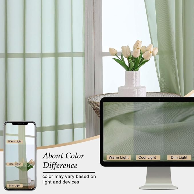 Sheer Green Curtains for Bedroom Living Room 90 Inches Long 2 Panels Set - Image 7