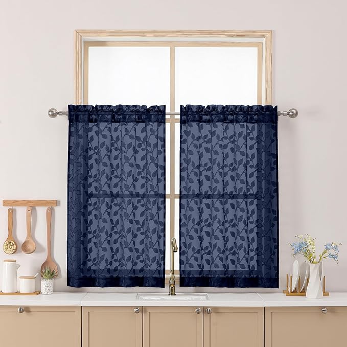 Chyhomenyc Navy Blue Sheer Curtains 36 Inch Length, Light Filtering Leaf Tufted by Chyhomenyc