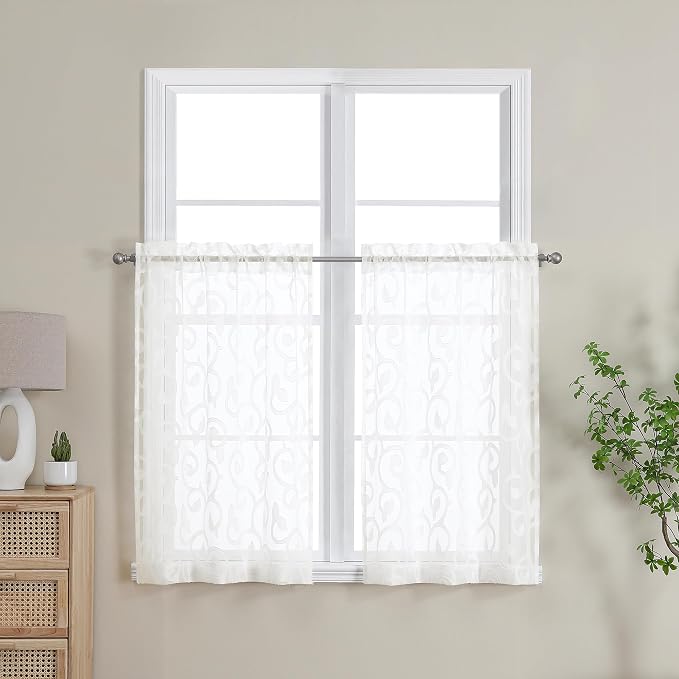 OWENIE Furman Ivory Sheer Kitchen Curtains Tiers 36 inch Length, Light - Image 2