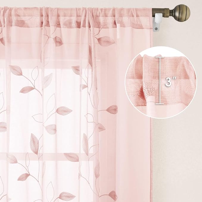 HOMEIDEAS Blush Pink Sheer Curtains 52 X 96 Inches Length 2 Panels Embroidered - Image 5
