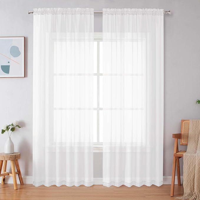 Simplebrand White Sheer Curtains 84 Inches Long, Light Filtering Rod Pocket by Simplebrand