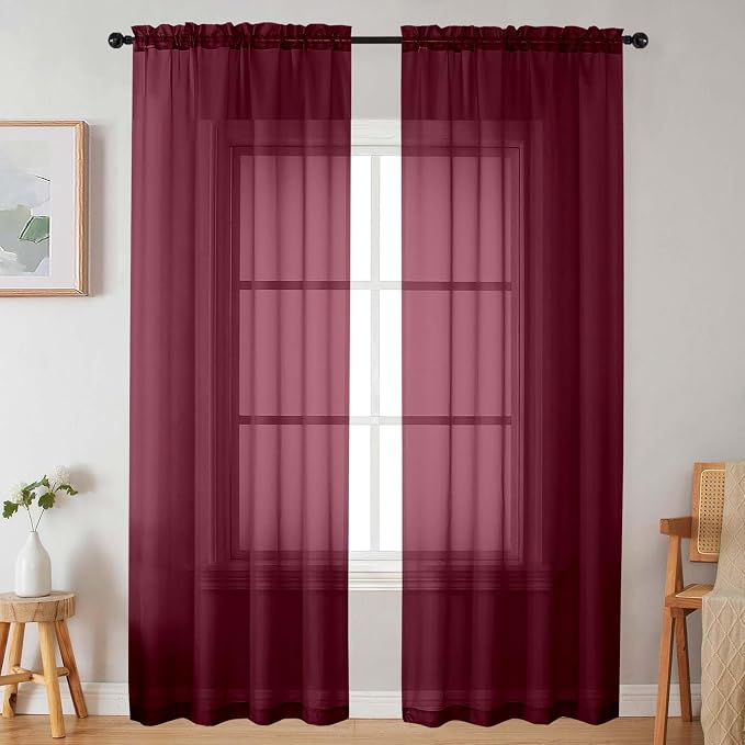 Sheer Burgundy Curtains for Bedroom Living Room 90 Inches Long 2 Panels Set by WelvetBLK