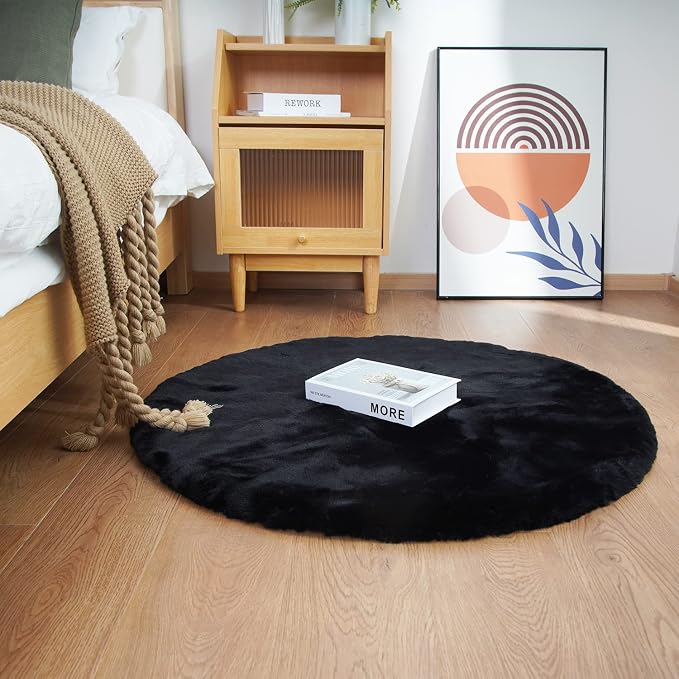 Ghouse Faux Rabbit Fur Round Rug 3ft Black Round Rugs - Image 2