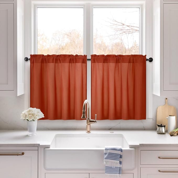 HOMEIDEAS Non-See-Through Fall Burnt Orange Privacy Sheer Kitchen Curtains by HOMEIDEAS