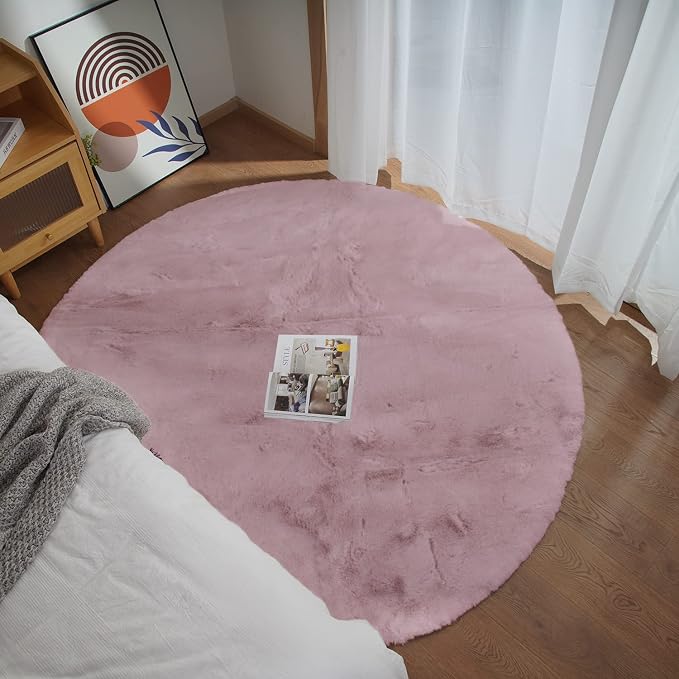 Ghouse Faux Rabbit Fur Round Rug 8ft Pink Round Rugs by Ghouse