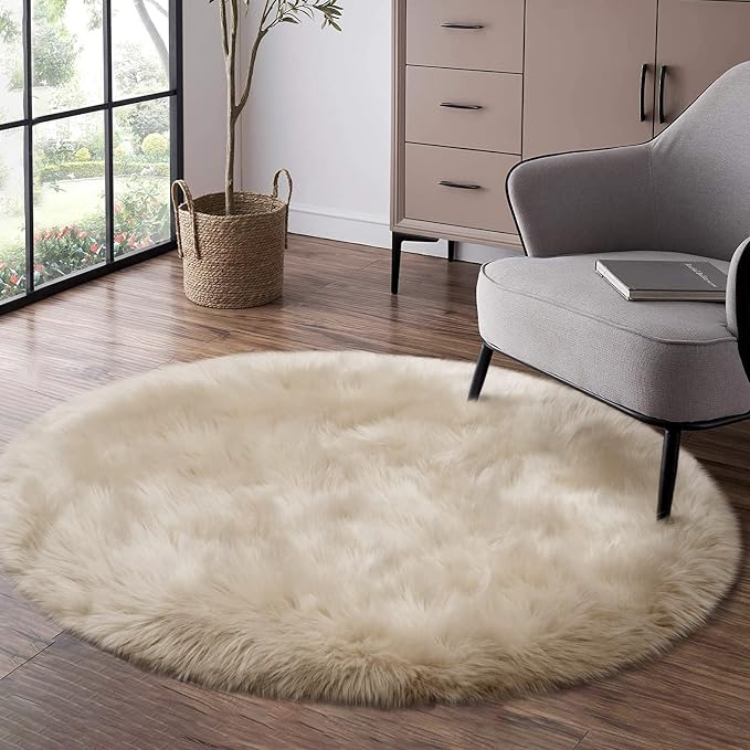 Fluffy Round Rug for Kids Room Beige Circle Faux Fur Area Rug for Bedroom - Image 8
