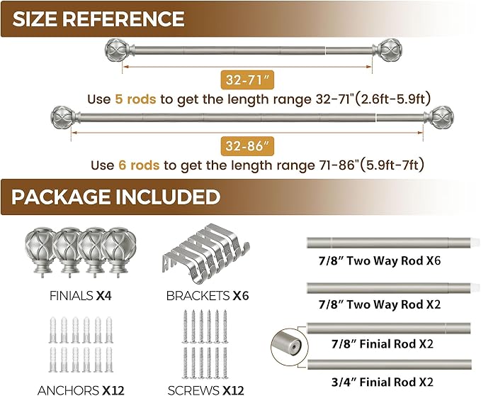 KAMANINA 2 Pack Curtain Rods for Windows 48 to 84 Inch, Antique Silver Heavy - Image 8
