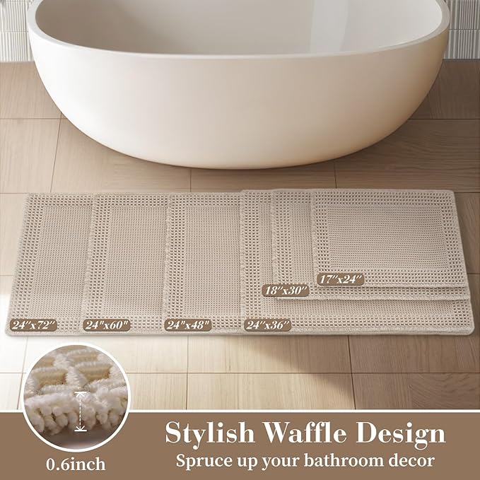 RESARE Waffle Bathroom Runner Rugs, Non Slip Boho Bath Mat 24x72 Pale Beige | - Image 5