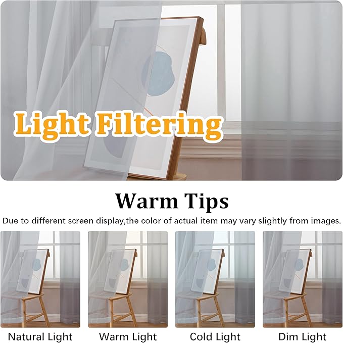 Gwine Light Grey Sheer Kitchen Curtains 36 Inch Length, Light Filtering Voile - Image 5
