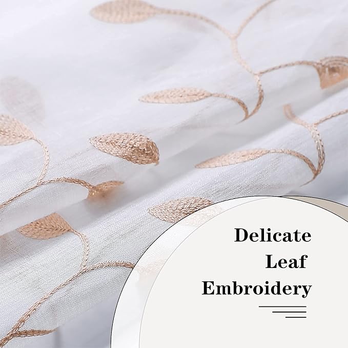 MRTREES Sheer Curtain Valances 2 Panels, Leaves Embroidered Voile Valance - Image 3