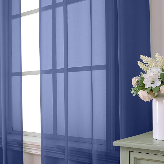 Aiyufeng Royal Blue Sheer Curtains 84 Inches Long 2 Panels Set, Semi - Image 3