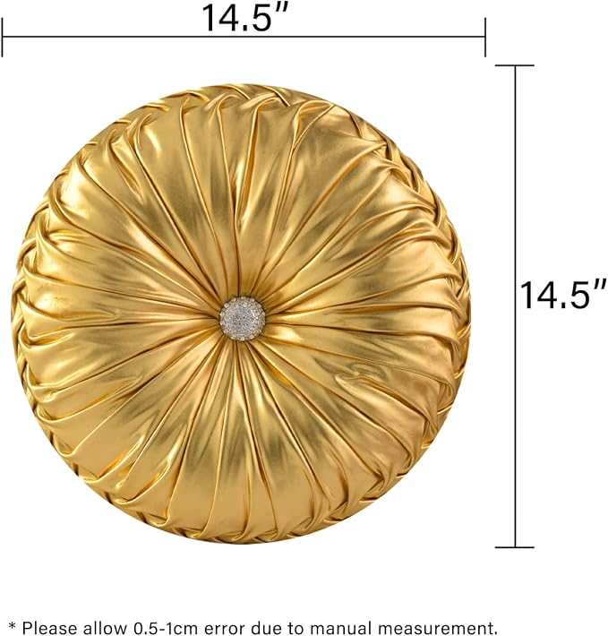 HIG Set of 2 Handcrafted Gold Ruched Round Throw Pillows – 14.5’’ Metallic - Image 5