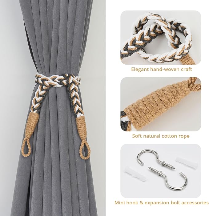 NICEEC 4 Pack Natural Cotton Rope Curtain Tiebacks Elegant Boho Style - Image 2