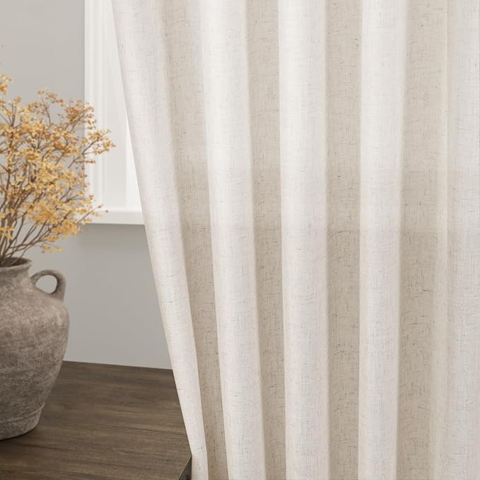 Nanspring Beige Linen Blend Light Filtering Curtains 86 Inches Long 2 Panel Set - Image 2