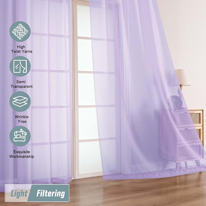 Lavender Sheer Curtains for Window 72 inches Long 2 Panels Set, Soft Airy - Image 5