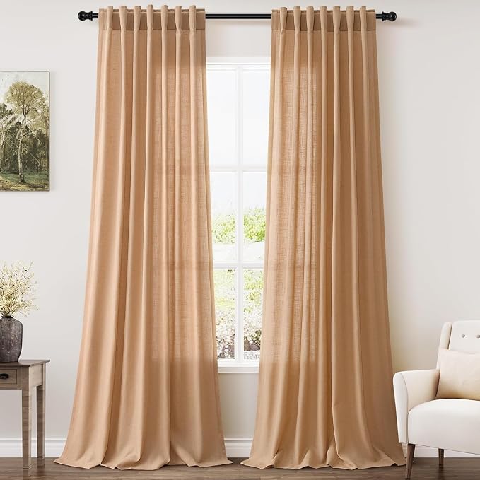 Nanspring Camel Linen Curtains for Living Room 92 Inches Long Back Tab and Rod by Nanspring