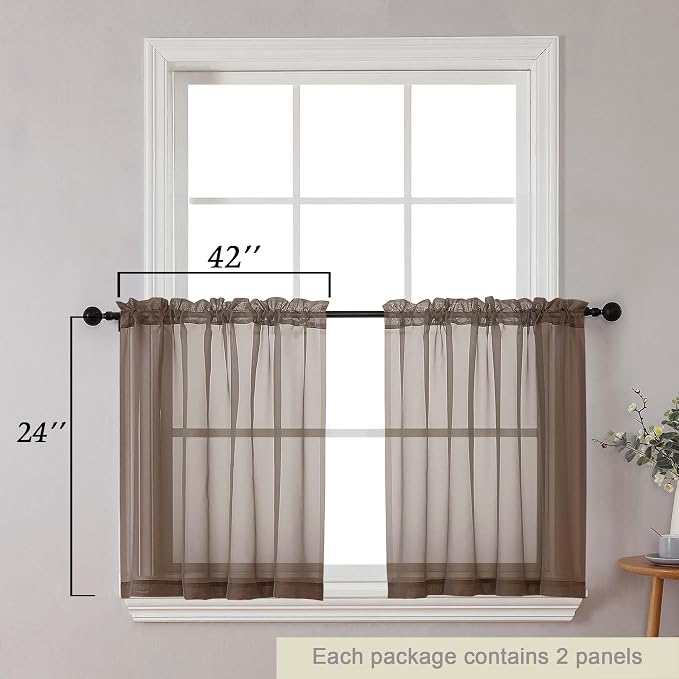 Kitchen Curtains 24 Inch Length Tier 2 Pieces, Chocolate Sheer Curtain Solid - Image 2
