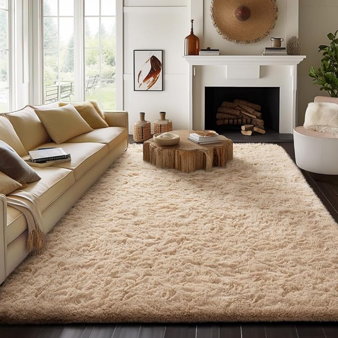 Ophanie 8x10 Beige Area Rugs for Living Room, Large Shag Bedroom Carpet by Ophanie