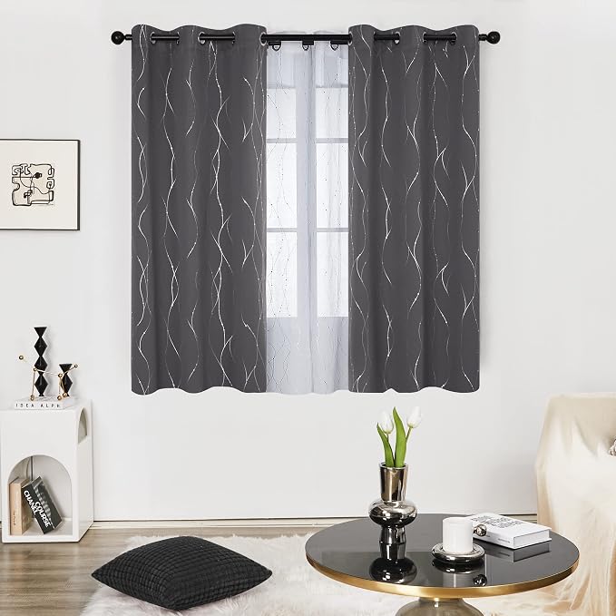 Deconovo Short Curtains Grey, Thermal Insulated Soundproof Drapes, Wave Dots - Image 2