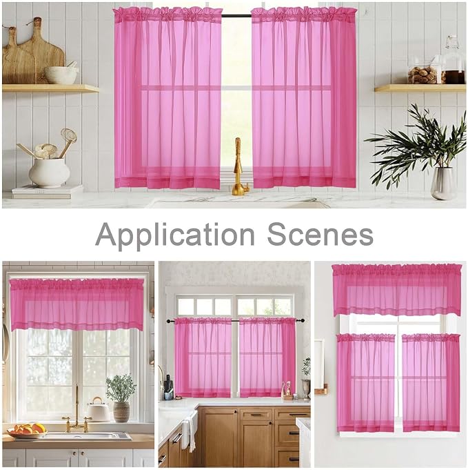 Kitchen Curtains 24 Inch Length Tier 2 Pieces, Hot Pink Sheer Curtain Solid - Image 6