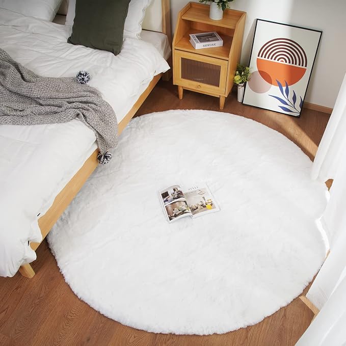Ghouse Faux Rabbit Fur Round Rug 6ft White Round Rugs by Ghouse