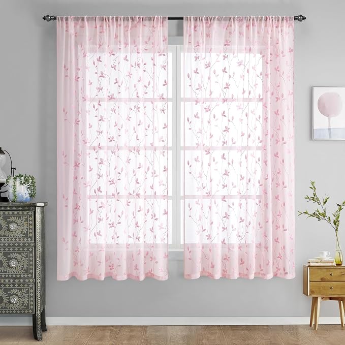HOMEIDEAS Pink Sheer Curtains 52 X 63 Inches Length 2 Panels Embroidered Vine by HOMEIDEAS