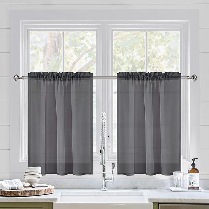 DWCN Dark Grey Sheer Curtains for Kitchen Windows by DWCN