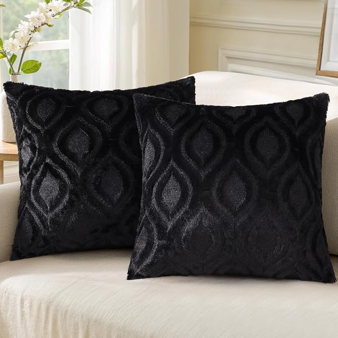 decorUhome Throw Pillow Covers 26x26 Inch Set of 2, Soft Plush Faux Wool Black by decorUhome