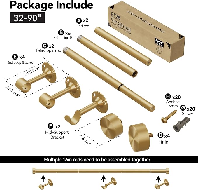 YaFex 2 Pack Heavy Duty Curtain Rods 32-90 Inch, 1 Inch Adjustable Gold Curtain - Image 7