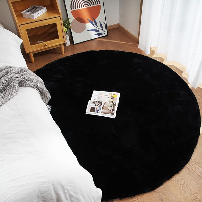 Ghouse Faux Rabbit Fur Round Rug 8ft Black Round Rugs - Image 2