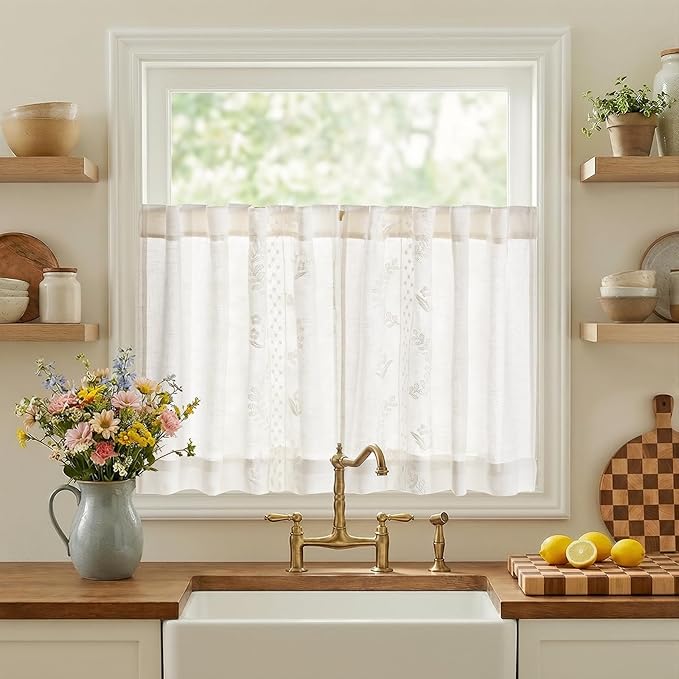 jinchan Belrose Linen Floral Kitchen Curtains 24 inch Length Embroidered by JINCHAN