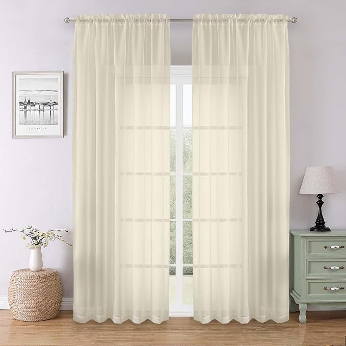 Lecloud Cream Sheer Curtains for Bedroom 90 Inches Long 2 Pcs, Rod Pockets by Lecloud