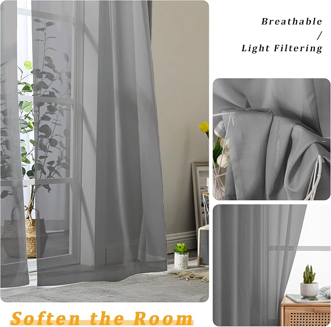 Gwine Charcoal Grey Sheer Curtains 108 Inches Long 2 Panels Set, Voile Light - Image 3