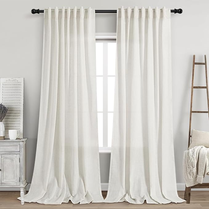 Nanspring Beige White Linen Curtains 102 Inches Long Rod Pocket Back Tab Drapes by Nanspring