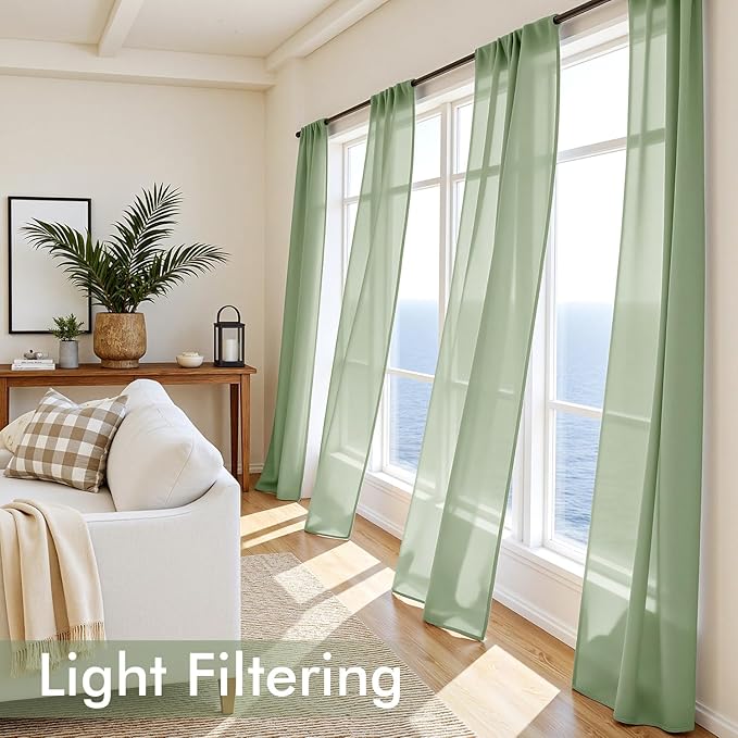 MIULEE Sage Green Sheer Curtains 108 Inches Long, 4 Panels Set, Light Filtering - Image 4