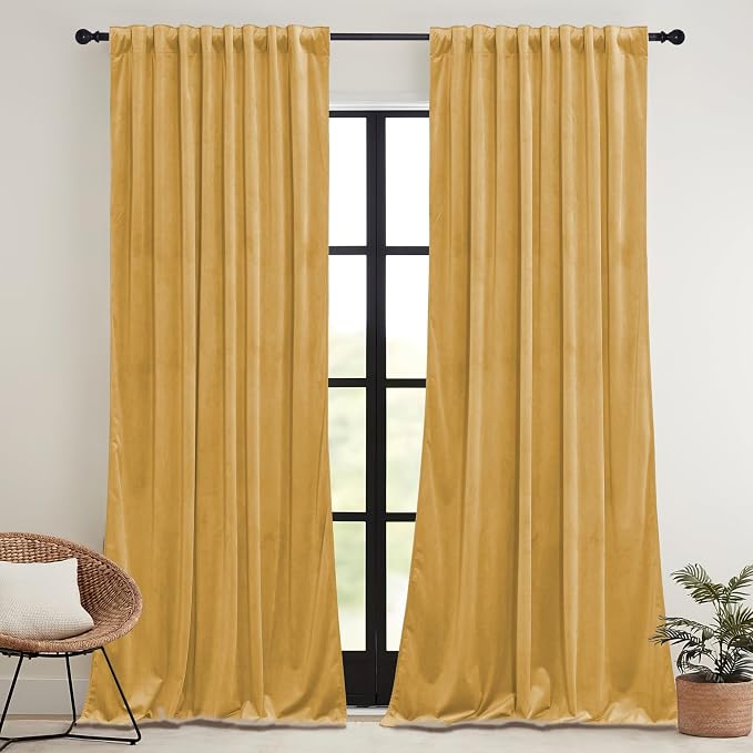 RYB HOME Mustard Yellow Velvet Curtains 96 inches, Back Tab Soft Fabric Room - Image 2