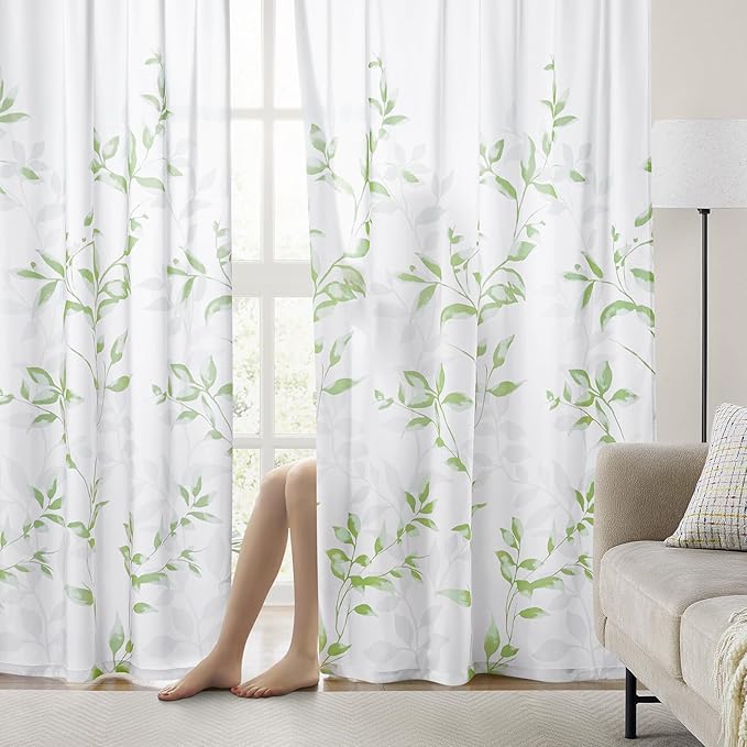 HOMEIDEAS Non-See-Through Sage Green and White Privacy Sheer Curtains 52 X 63 - Image 2