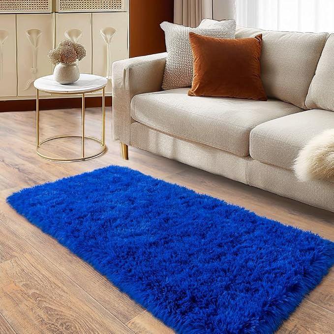Soft Runner Rugs for Bedroom Hallways, 2x4 Royal Blue Fluffy Shag Throw Area - Image 2